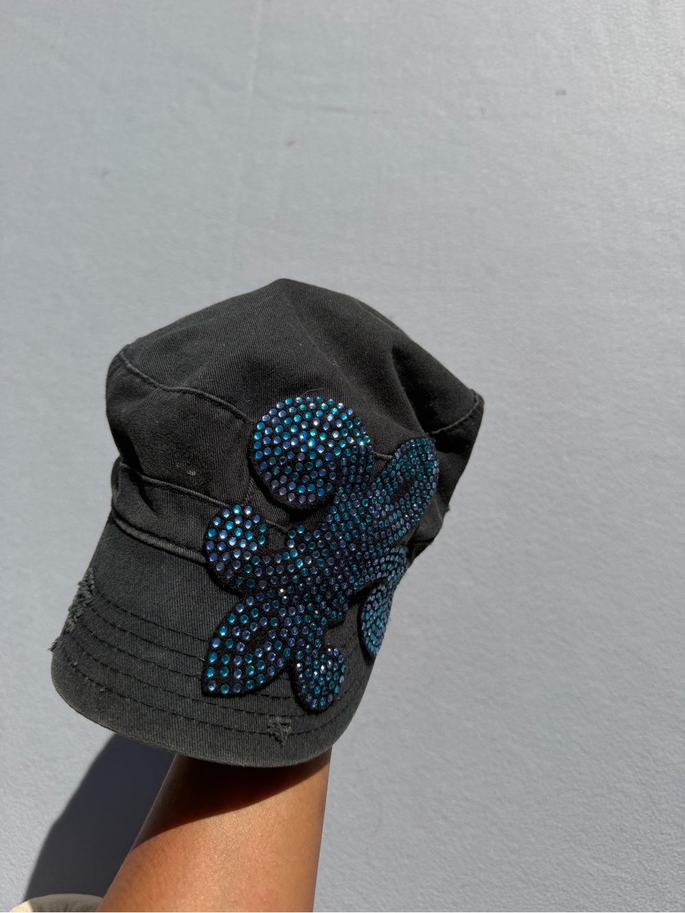 Y2K baddie Black Military-Style Cap with Blue fleur de lis Rhinestone accent - Picture 2 of 4